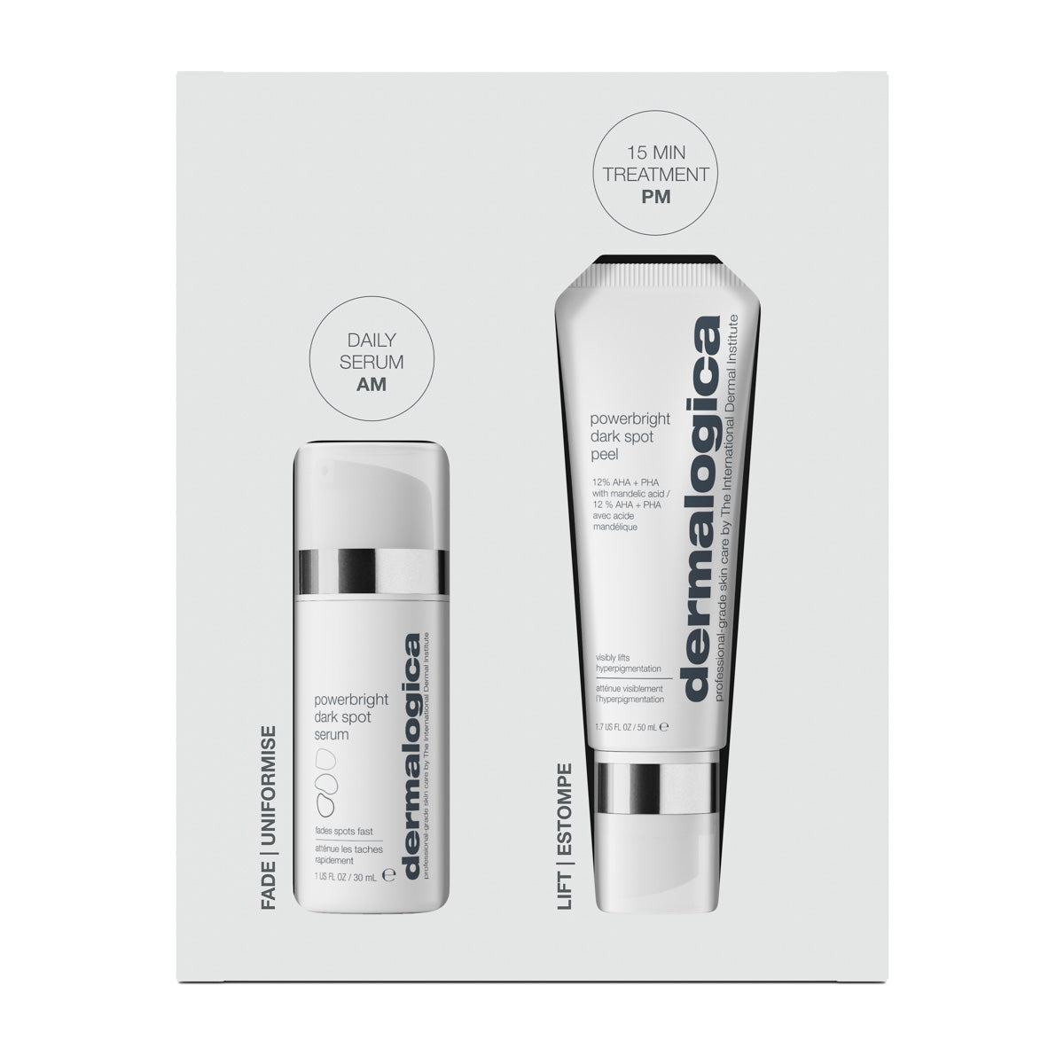 Serum en peeling uit Dermalogica PowerBright Dark Spot System in de verpakking